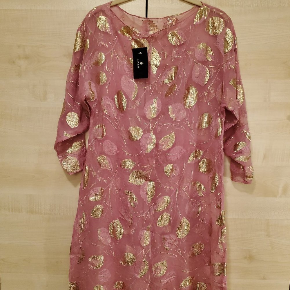 Sheer Midi Dress With Metallic Gold Floral Embroidery